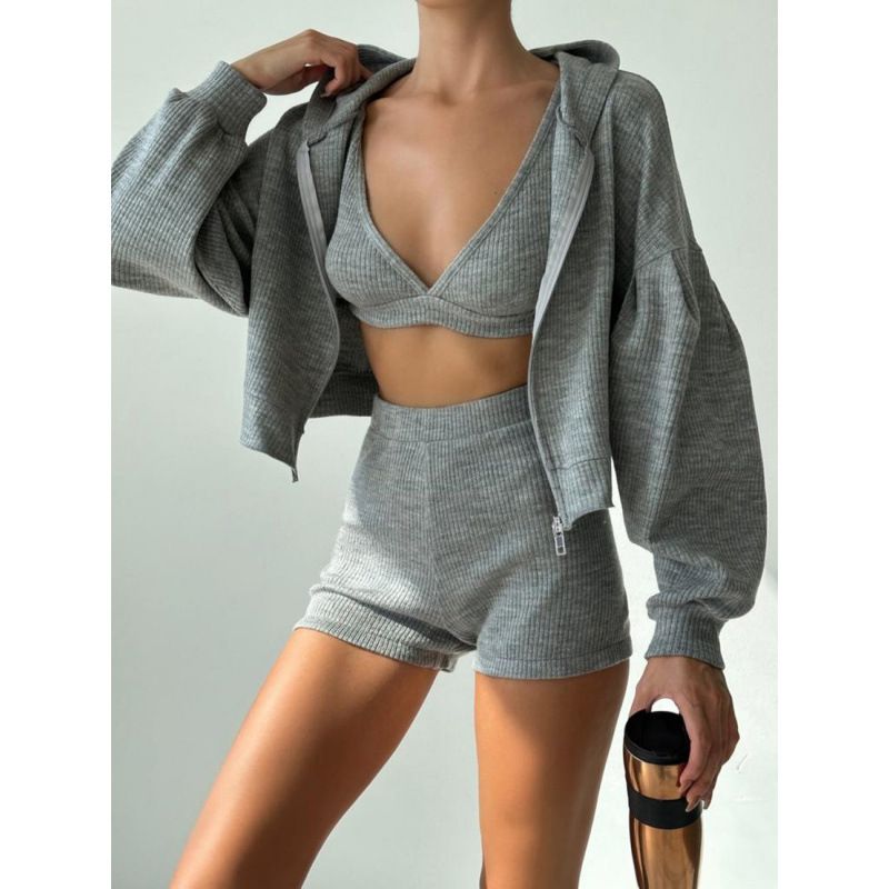 Basic Solid Color Hooded Loose Zipper Jacket Tank Top + Shorts Casual Three-Piece Set_voghion.com