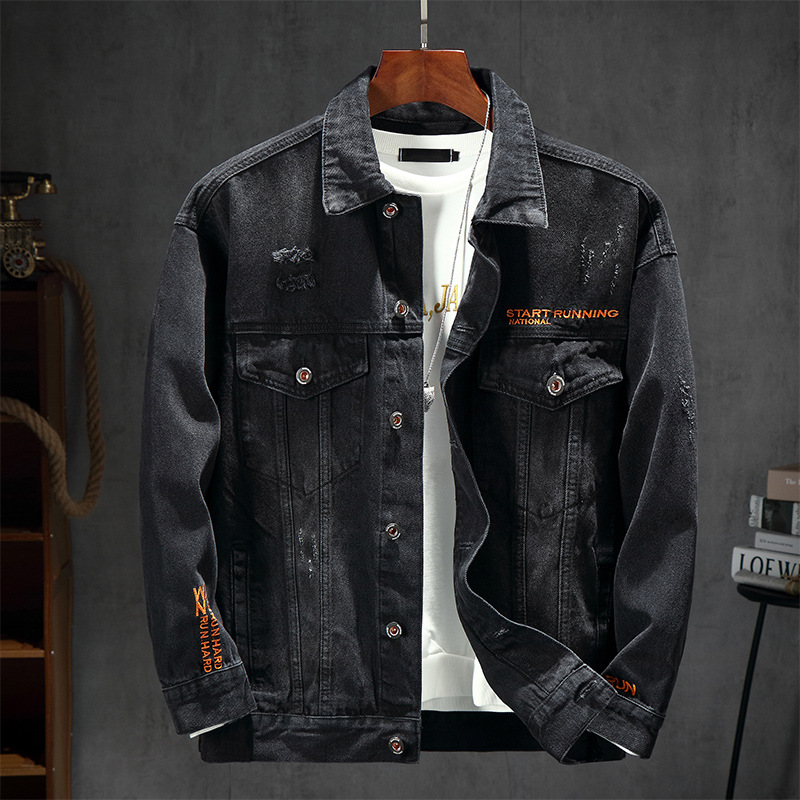 Giacca da uomo in denim allentato da strada con ricamo di marca da uomo, giacca da lavoro strappata retrò nera da uomo, top di tendenza di Hong Kong_voghion.com