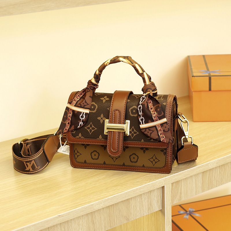 New fashion luxury women's bag brown print bag cross-body bag shoulder bag high-end square bag silk scarf style random_voghion.com