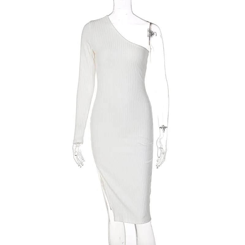 Women's Clothing fashion solid color knitted slanted shoulder slit dress_voghion.com