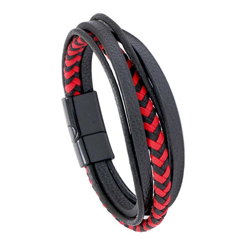 Bracciale in pelle intrecciata nera e rossa multistrato personalizzato per uomo in PU_voghion.com