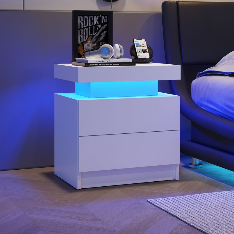 Comodino a LED con luci, comodino moderno con 2 cassetti per camera da letto (bianco)_voghion.com