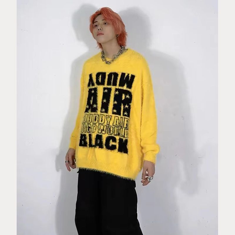 Herrenbekleidung Retro Mohair Nische Lazy Style Buchstabenpullover Herren Herbst und Winter lockerer schwerer Paar Rundhalspullover_voghion.com