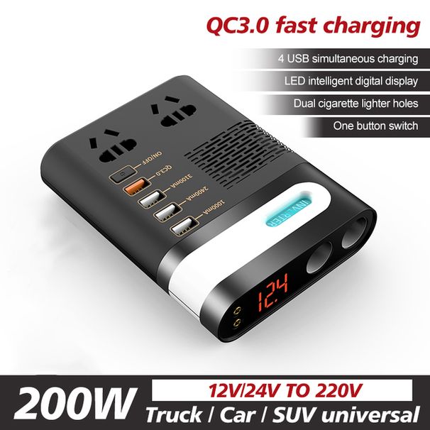 Φορτιστής αυτοκινήτου 200W 12V DC σε 220V AC Auto Power Inversor QC3.0 Γρήγορη φόρτιση Φορτιστής USB Φορτηγό Μετατροπέας αυτοκινήτου Προσαρμογέας φορητού υπολογιστή_voghion.com