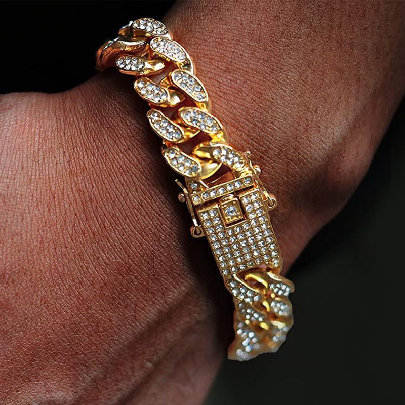 Set da 2 pezzi da uomo con bracciale cubano in oro e ricco intarsio di diamanti, orologio alla moda Hip Hop_voghion.com