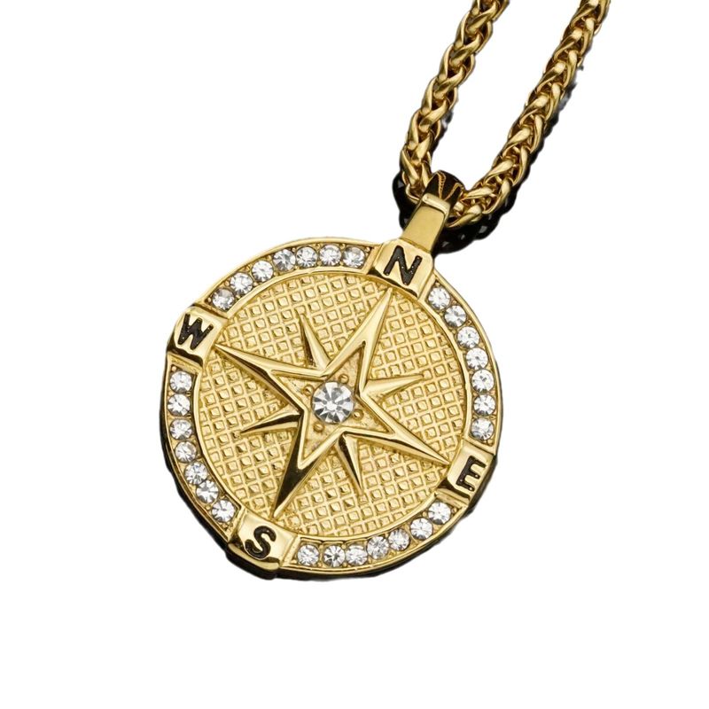 Mode neue Edelstahl Punkt Diamant festen Boden Kompass Anhänger Persönlichkeit Männer und Frauen Hip Hop Halskette_voghion.com