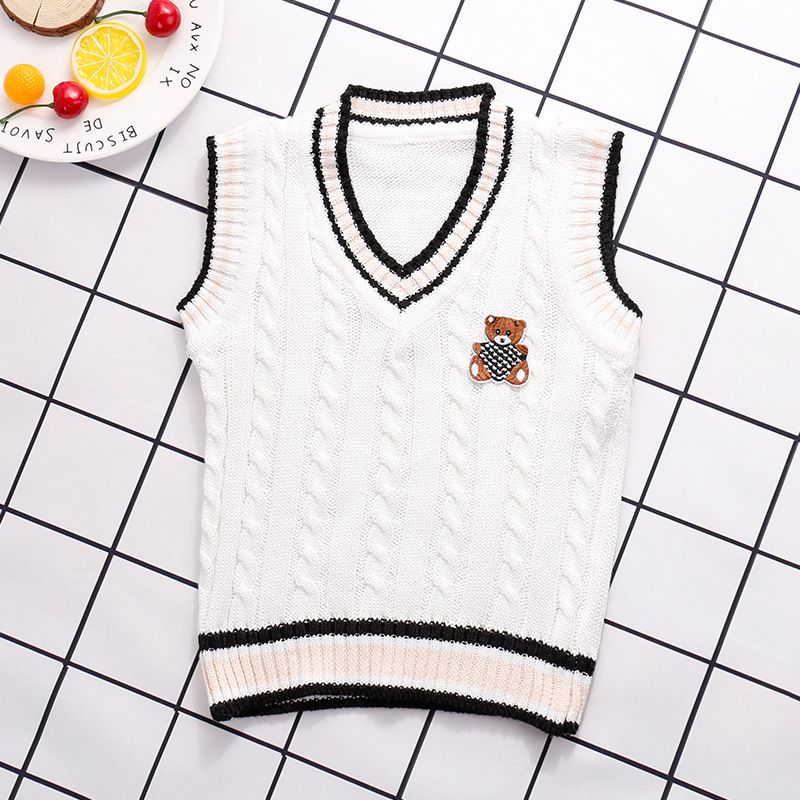 Kids' Knit Vest With Embroidered Bear Design - Soft Acrylic V-Neck Sweater Vest For Boys & Girls (90-140cm) - Striped Casual Wear For All Seasons_voghion.com