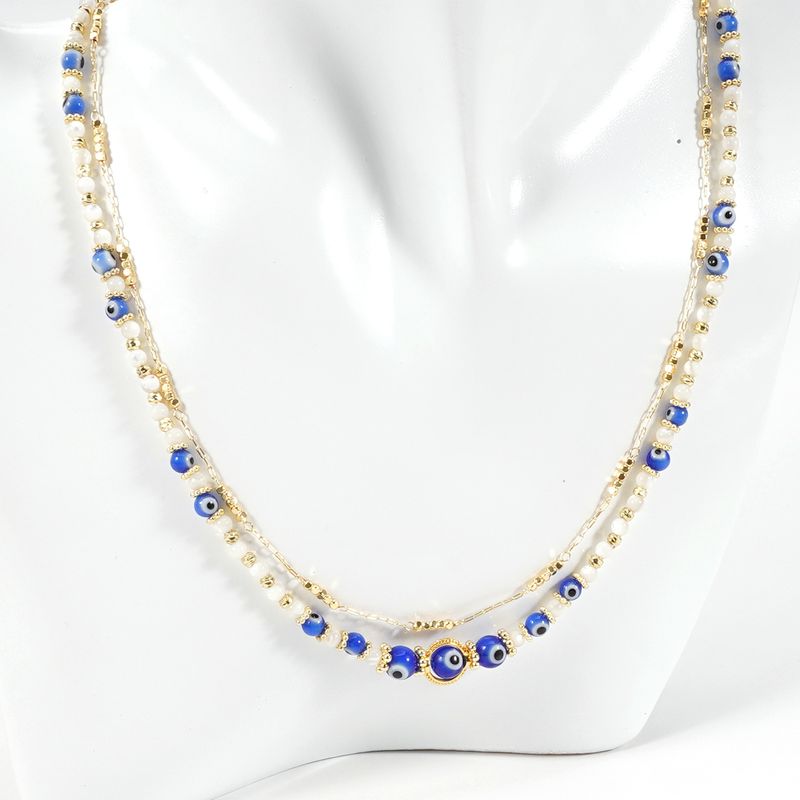 Glass Devil Eye Round Beads Shell 14K Gold OT Buckle Double Layer Necklace Clavicle Chain_voghion.com