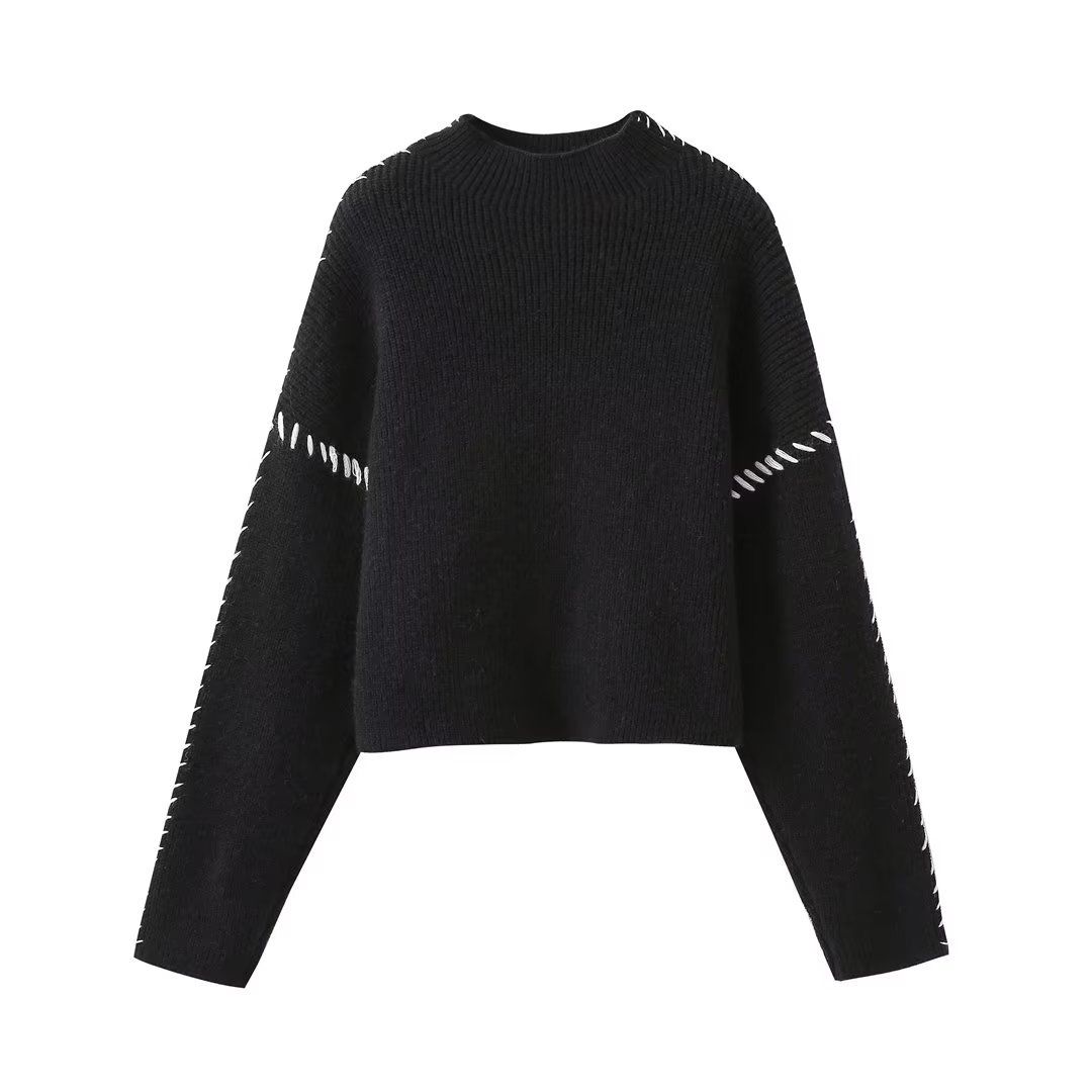 Women's Clothing 2024 Autumn Round Neck Knitted Warm Versatile Chic Color Block Sweater M6221_voghion.com