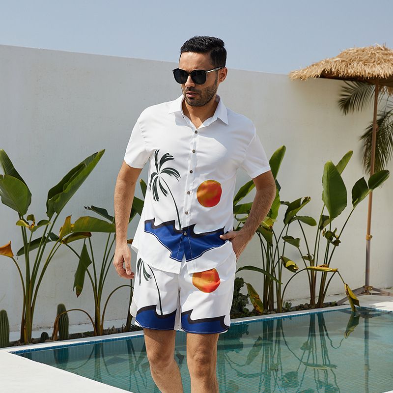 Vêtements pour hommes nouvelle chemise hawaïenne à manches courtes à la mode style de plage chemise décontractée costume deux pièces pour hommes_voghion.com