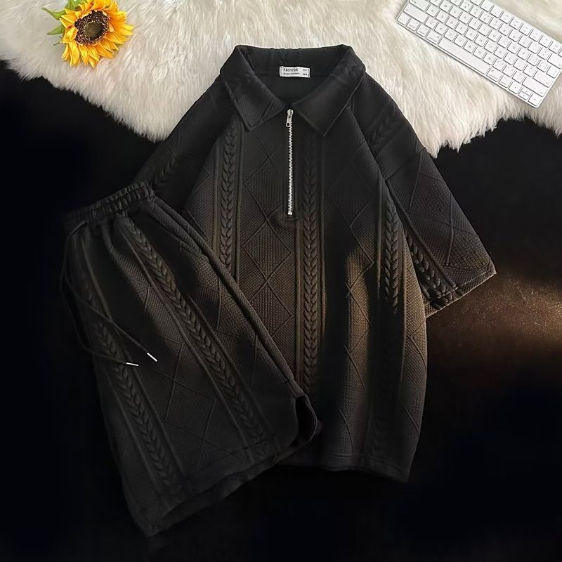 Vaffelpoloskjorte herreshortssett med sommerlig trendy løs kortermet T-skjorte og avslappet shortsdress_voghion.com
