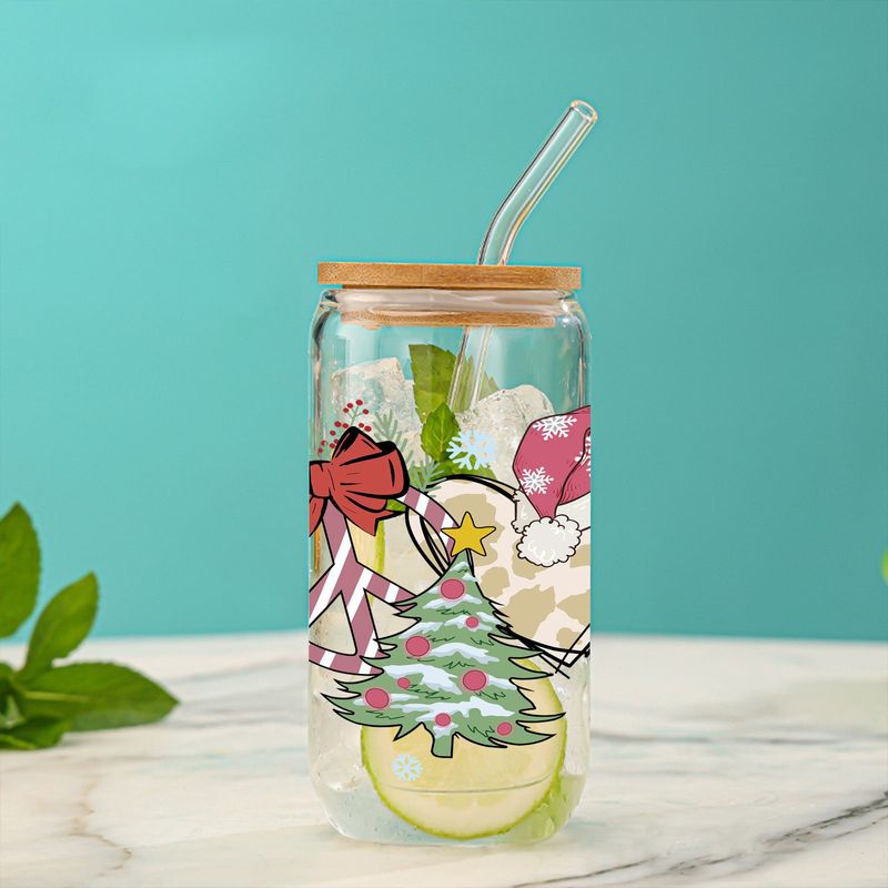 Tazza in vetro borosilicato da 16 once a tema natalizio con coperchio in bambù e cannuccia - Elegante e esteticamente gradevole, perfetta come regalo per le feste_voghion.com