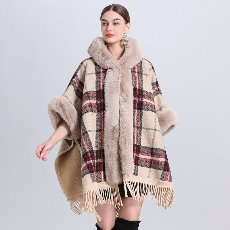 Damenimitat-Rex-Kaninchen-Kragen, karierter Umhang, Umhang, große Strickjacke, lockerer Wollmantel_voghion.com