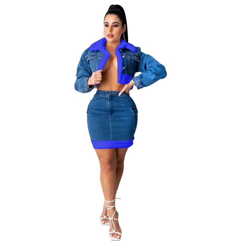 Gonna in denim alla moda da donna in denim felpato gruppo due set_voghion.com
