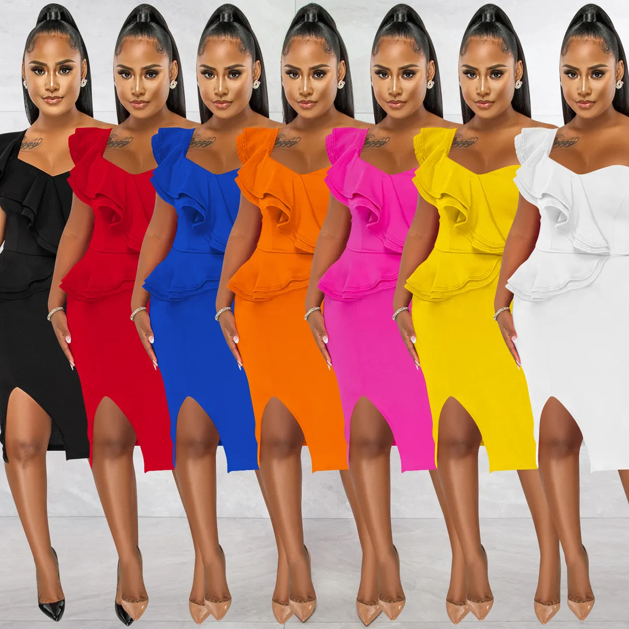 Women's Clothing fashion casual ruffled slit one shoulder sleeve dress women's clothing_voghion.com