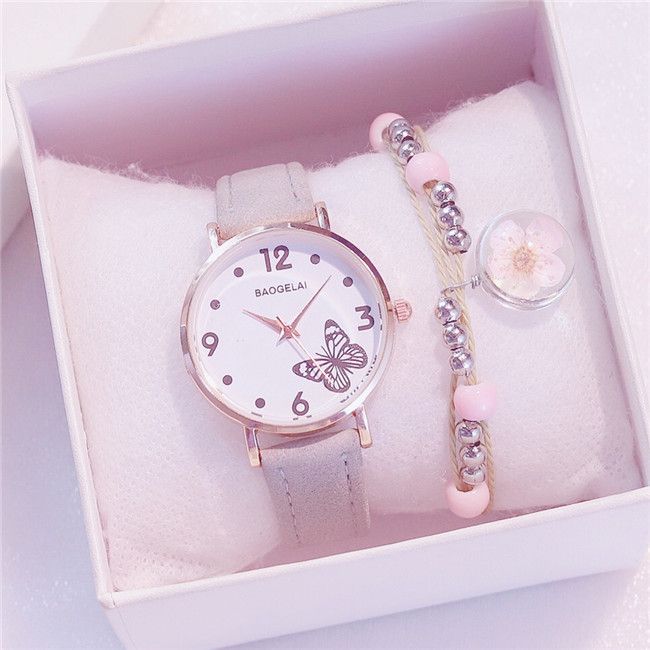 2st/set Flickor Nytt sött bälte Fjärilskvartsklocka + Pärlblomma Armband Set_voghion.com