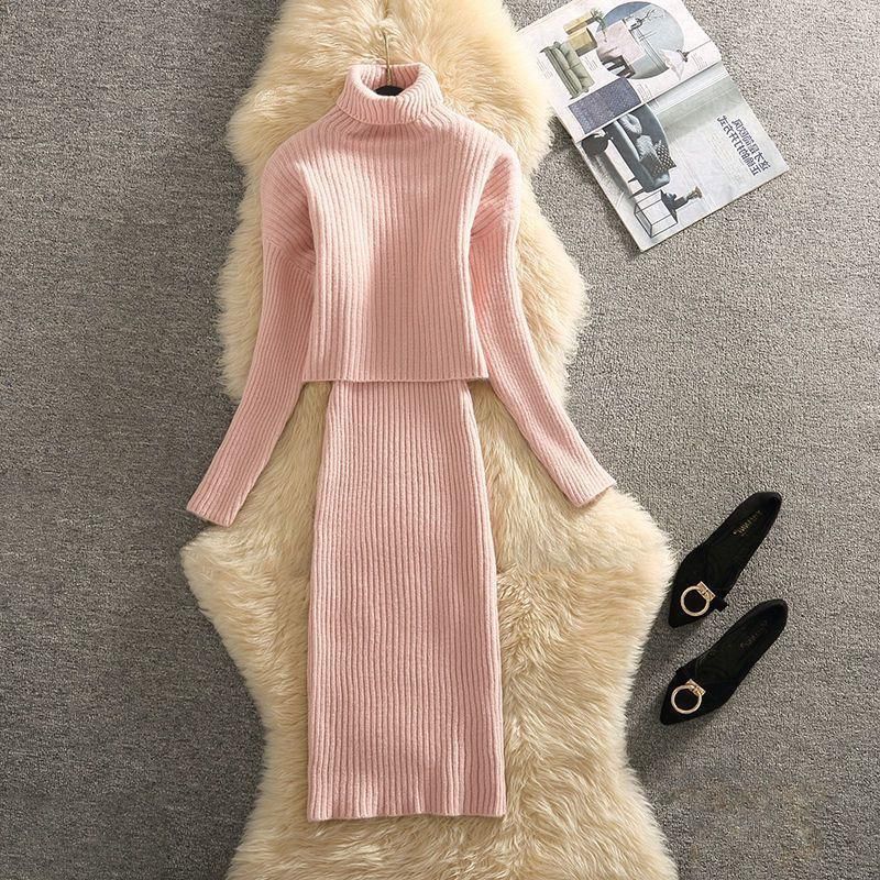 Vêtements pour femmes Un ensemble complet de costumes en tricot slim deux pièces à porter des pulls d'automne et d'hiver à col haut pour femmes, nouvelle robe assortie_voghion.com
