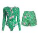 Women's Clothing Swimsuit New Long Sleeved Zipper Green Printed Surf Suit_voghion.com
