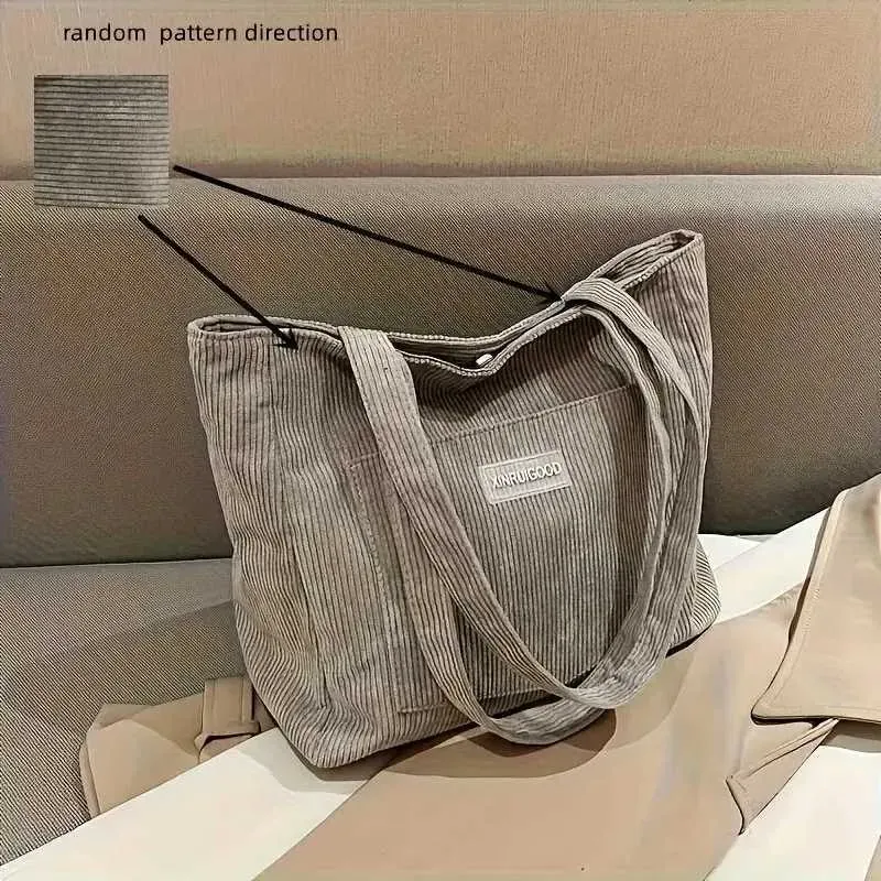 Borsa a tracolla di grande capacità, borsa da donna alla moda in velluto a coste tinta unita con tasca anteriore C241108_voghion.com