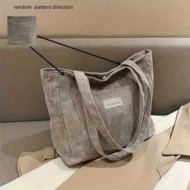 Borsa a tracolla di grande capacità, borsa da donna alla moda in velluto a coste tinta unita con tasca anteriore C241108_voghion.com