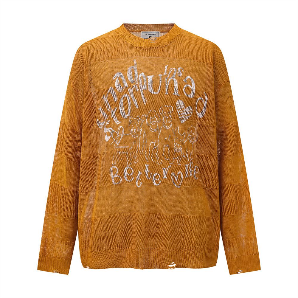 Pull en maille fine à imprimé lettre pour homme, décontracté, ample, style urbain américain, col rond, manches longues, automne_voghion.com