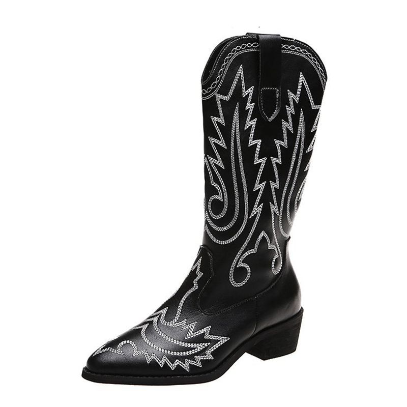 Autumn/winter women's low heel sleeve mid-calf western boots embroidered round toe boots_voghion.com