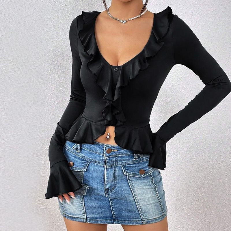 Neue Mode 2025 Herbst Winter Neue Ins Stil Slim Fit Rüschen Kurze Langarm T-Shirt Y2K Top_voghion.com