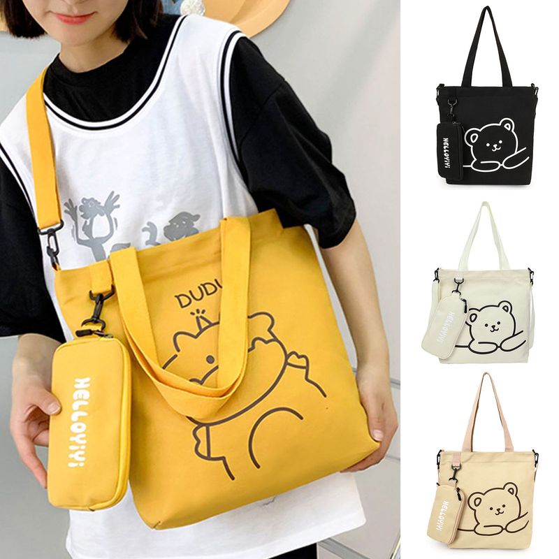 Lihao Canvas Tote Bärenmuster Verstellbarer Riemen Große Kapazität Süße Kinder Umhängetasche für die Schule-Khaki_voghion.com
