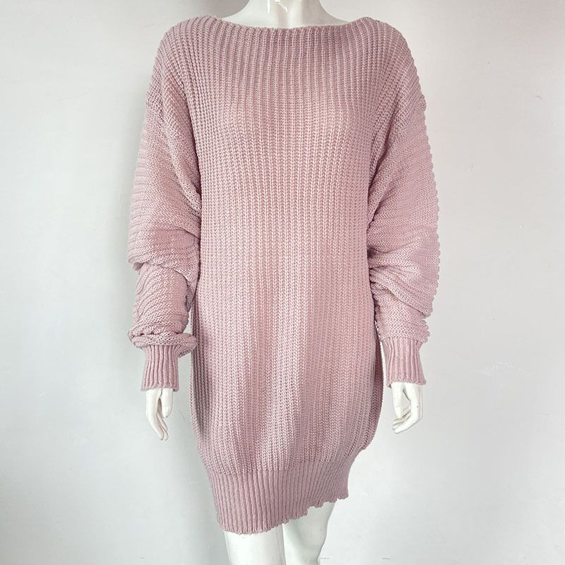 Abito in maglia di lana con maniche a lanterna e spalle scoperte casual con colletto singolo autunno/inverno 2024 da donna_voghion.com