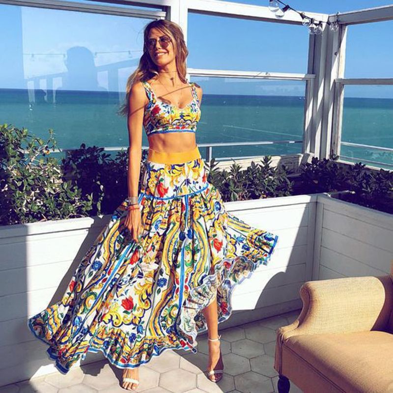Women's sexy temperament suspender print dress suit beach skirt two-piece_voghion.com