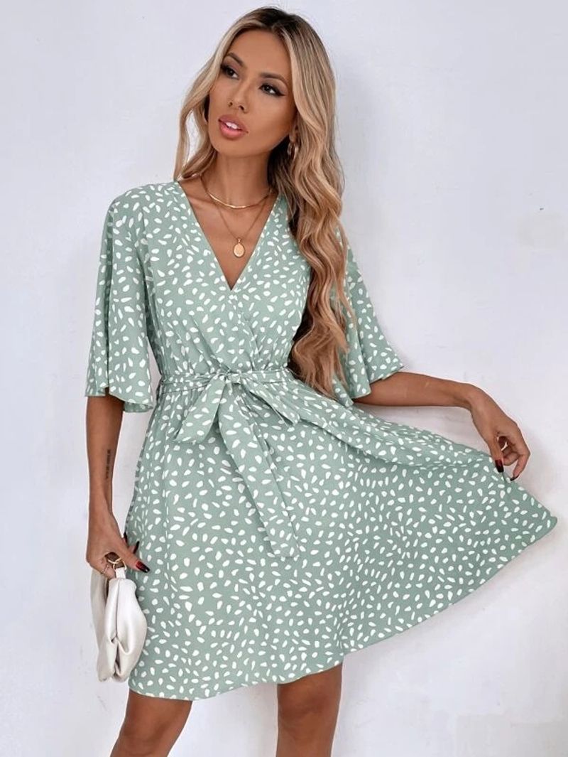 Casual Punktendruck Mini-Kleed mat Gürtel Elegant Chic Hallefärm V-Ausschnëtt A-Linn Sommerkleed Vintage Harajuku Kuerzt Kleed Strandparty_voghion.com