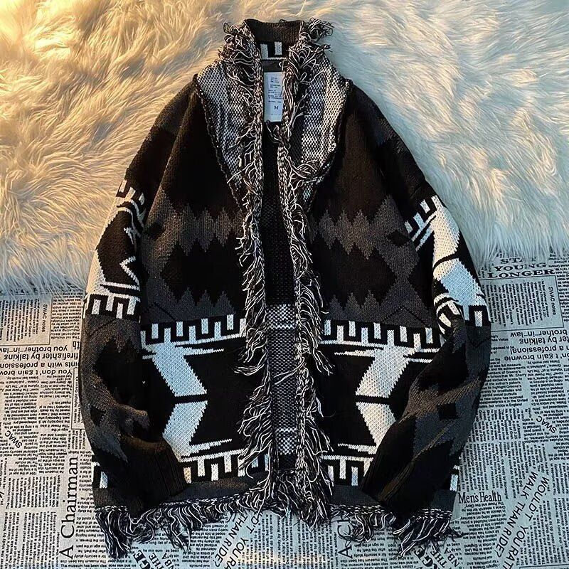 Herren-Vintage-Strickjacke mit Fransen (90er-Jahre-Grunge-Pullover mit V-Ausschnitt, Oversize-Passform, maschinenwaschbar, M-2XL, Distressed-Quastendetails)​_voghion.com