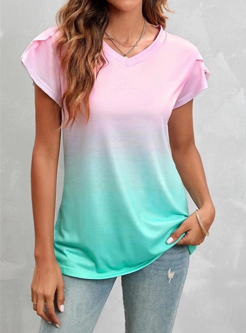Women's New 2023 summer tie-dye pullover v-neck loose short sleeve  petal sleeve T-Shirts_voghion.com