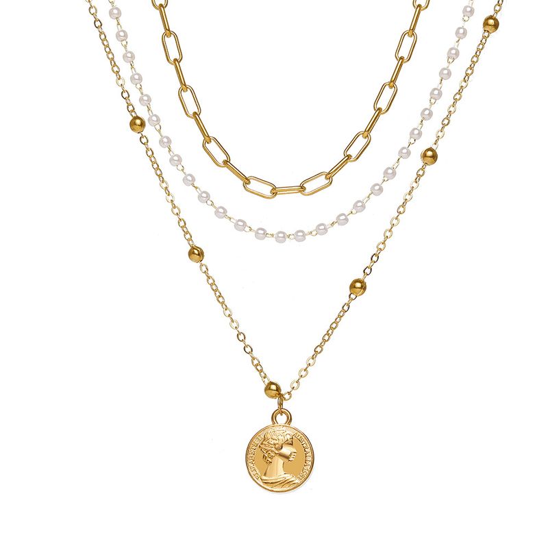 Sterling VENUS  Sier Clavicle Chain Female Temperament Portrait Coin Chain Pearl Three-layer Necklace Jewe_voghion.com