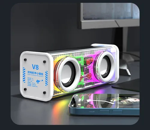 V8 Transparent Mecha Bluetooth Lautsprecher Doppel Sound RGB Outdoor Sport Tragbare Subwoofer Drahtlose Bluetooth Bass Audio Lautsprecher_voghion.com