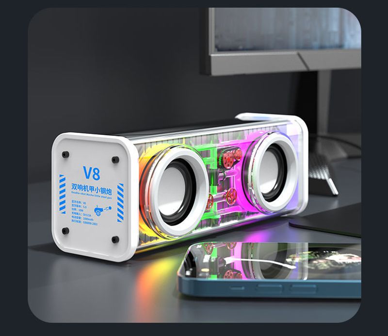 V8 Transparante Mecha Bluetooth Speaker Double Sound RGB Outdoor Sport Draagbare Subwoofer Draadloze Bluetooth Bass Audio Speaker_voghion.com