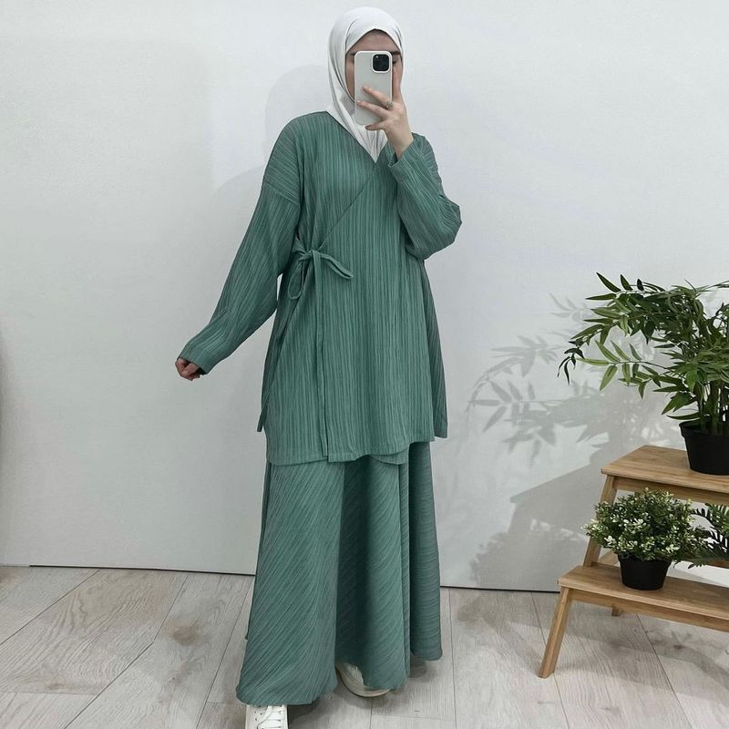 Middle Eastern Arab Islamic women's clothing new long-sleeved wrinkled loose cardigan shirt skirt suit_voghion.com