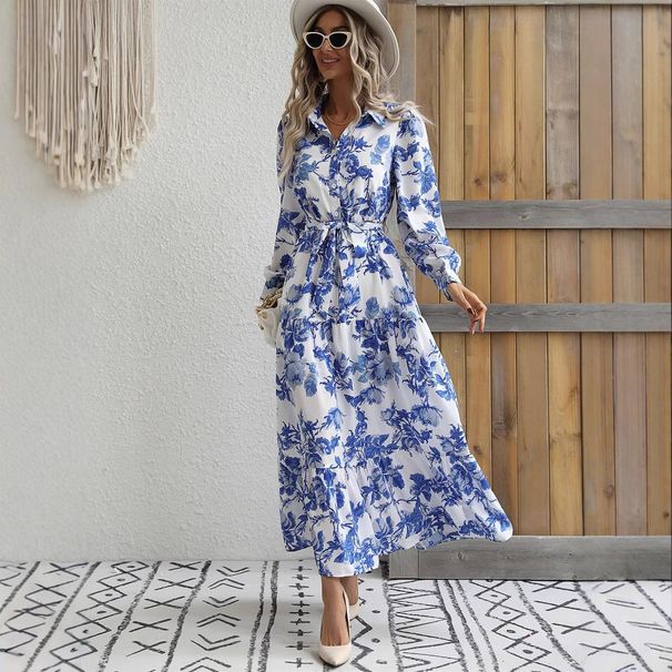 Abito lungo da donna elegante e alla moda con cintura a strati stampata a fiori per le feste_voghion.com