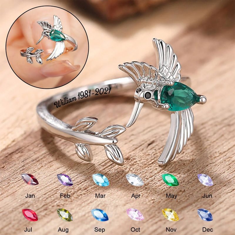 New Teardrop-Shaped Hummingbird Engraved Commemorative Ring December Birthstone Personalized Name_voghion.com