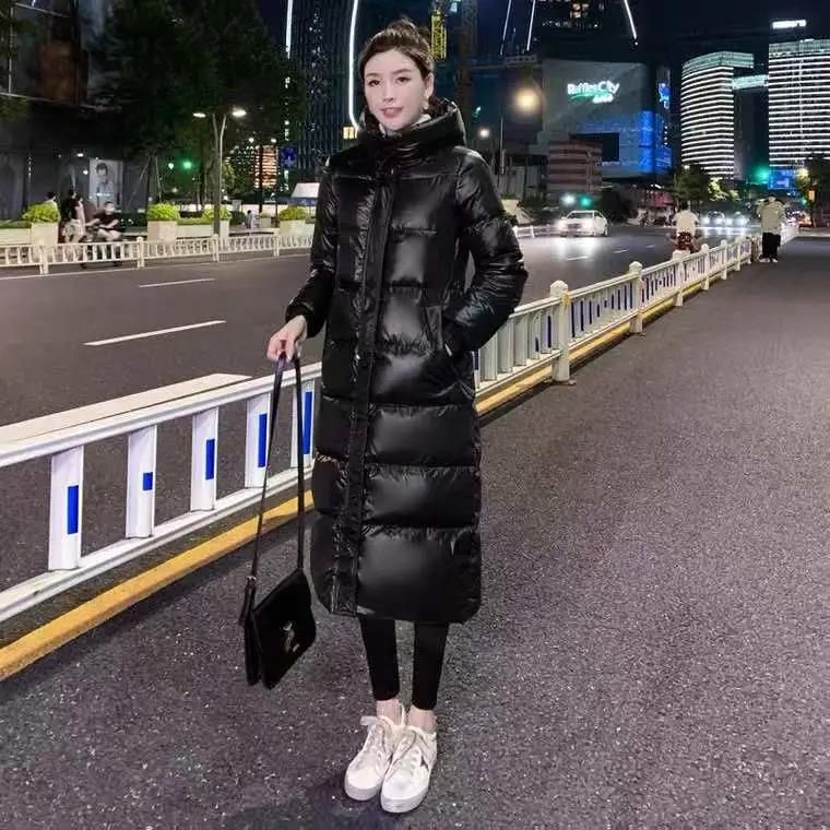 Glossy Longline Puffer Coat – Plus Size Winter Parka With Hood (Black, M-XXXXL)_voghion.com