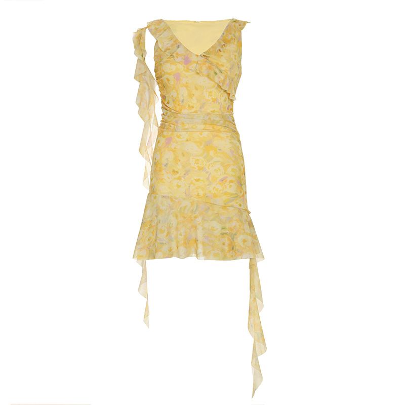 Damenbekleidung Hellgelbes Rüschen-Set mit unregelmäßigem Saum, stapelbares Blumenkleid, Netz-Spleißrock_voghion.com