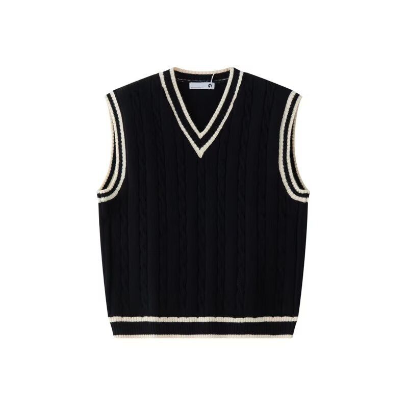 Men's Clothing College Style Neck Knitted Vest Men's Autumn And Winter American Retro Loose Sleeveless Sweater Vest Pullover Waistcoat Jacket_voghion.com
