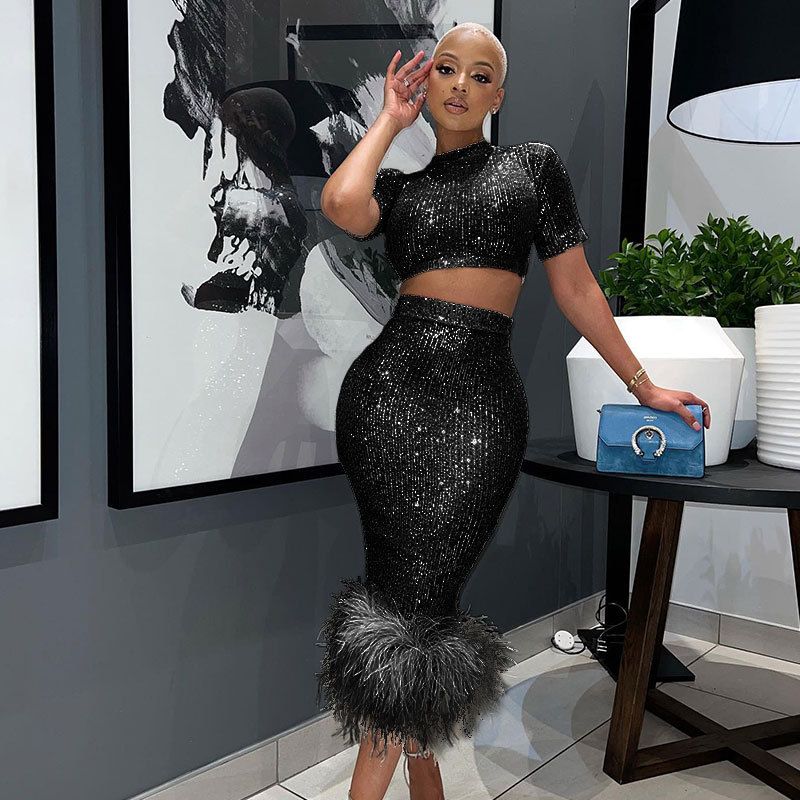 Sieviešu apģērbu mode ar īsām piedurknēm, gurnus nosedzoši seksīgi svārki bez spalvām, gludekļi vienā solī._voghion.com