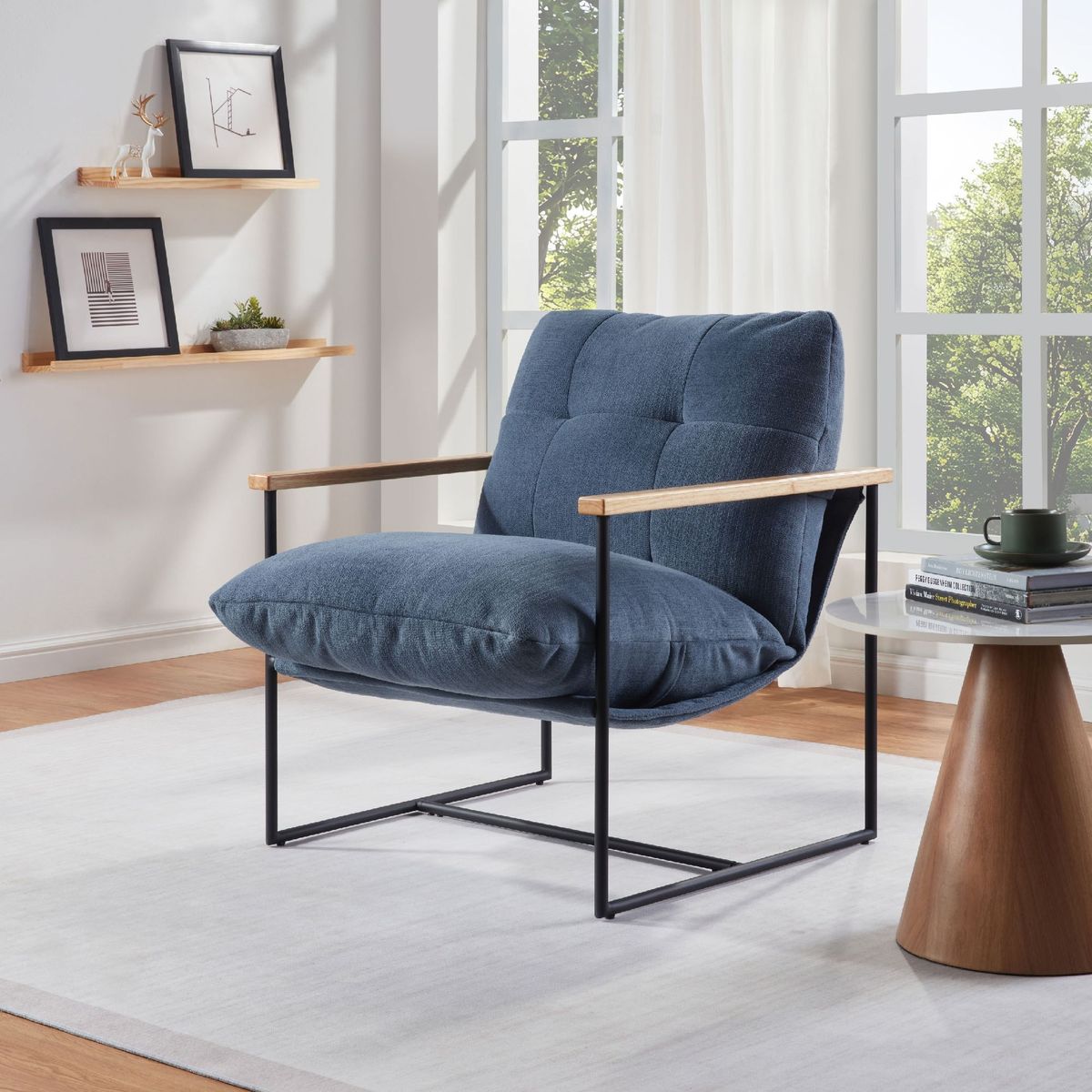 Modern Accent Chair, Comfy Chair With Removable Cushion, Vanity Chair With Wood Armrests For Living Room, Bedroom, Blue_voghion.com