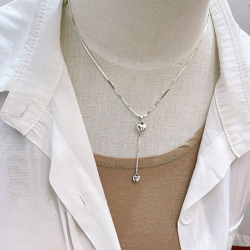 Sterling VENUS Silber Doppel Liebe Herz Quaste Halskette für Frauen Mädchen Vielseitig Koreanische Schmuck Geschenk Dropsh_voghion.com