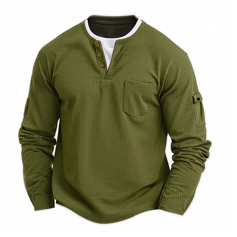 T-shirt homme imitation deux pièces double couche col V Henry coutures tendance grande taille chemise à fond poche T-shirt homme manches longues_voghion.com