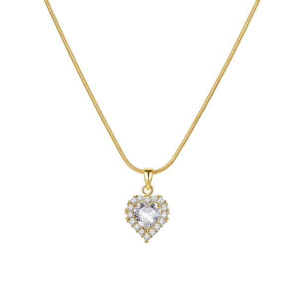 Heart-Shaped Copper Necklace – Inlaid Zircon Snake Chain, Light Luxury Sweet Jewelry For Women_voghion.com