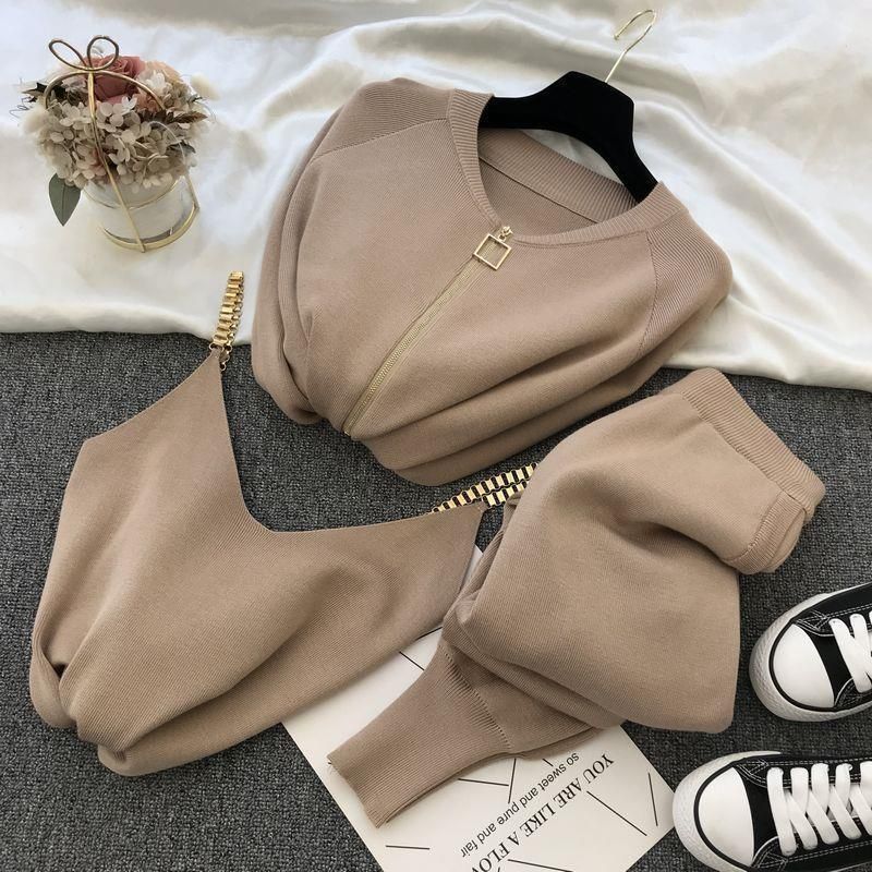 Women's Clothing autumn new style ins sweet temperament chain vest knitted jacket + small foot elastic pants three piece set_voghion.com