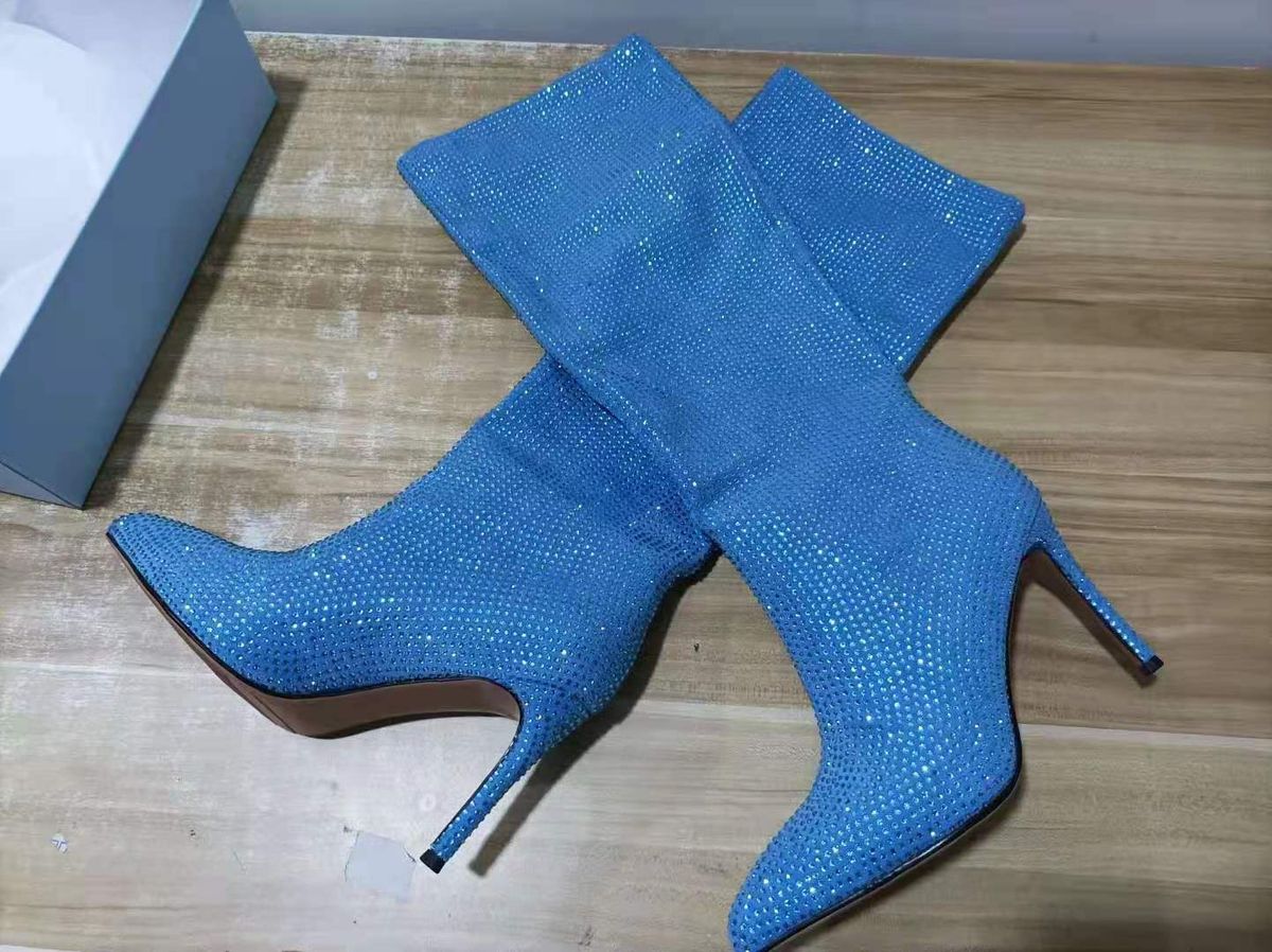 Botas de mujer con tacón de aguja, punta puntiaguda y cristales estrellados, hasta la rodilla, de pasarela, talla grande_voghion.com