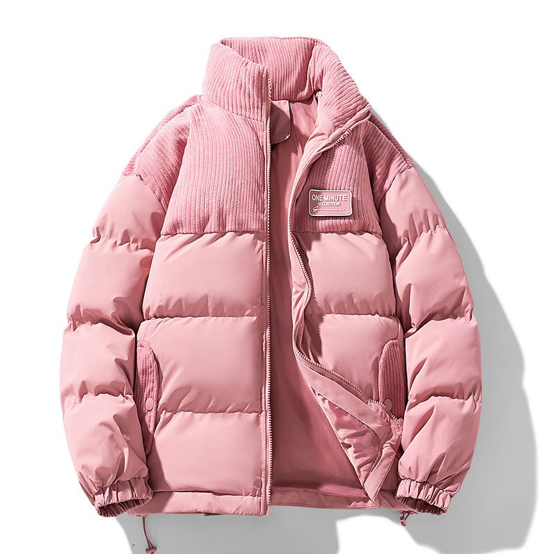 ​​Men’s Winter Puffer Jacket, Thickened Polyester-Filled Stand Collar Coat With Corduroy Shell & Print Design, Slim Fit Zip-Up Warm Outerwer_voghion.com